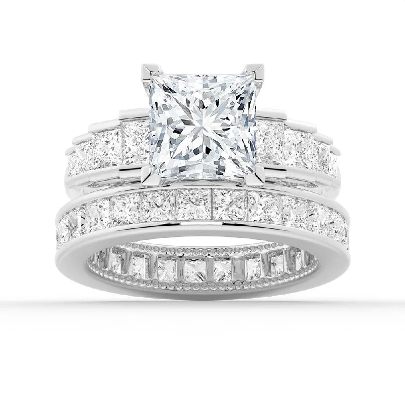 Unique Cinderella Staircase Princess-Cut Moissanite Ring Set with Matching Wedding Band