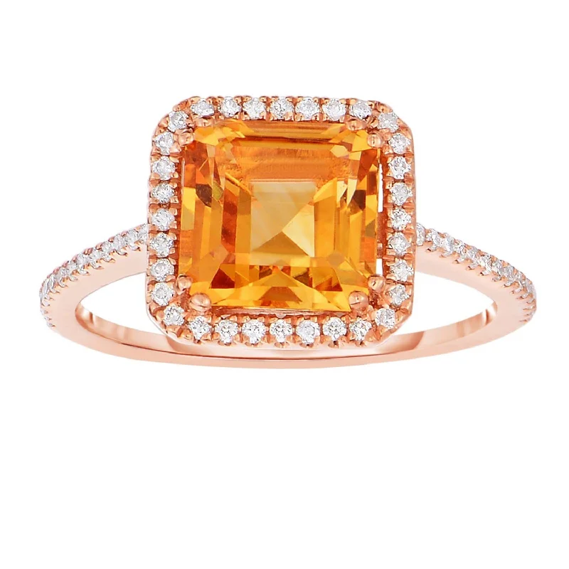 8MM Asscher Citrine and Diamond Halo Ring in 14KT Rose Gold