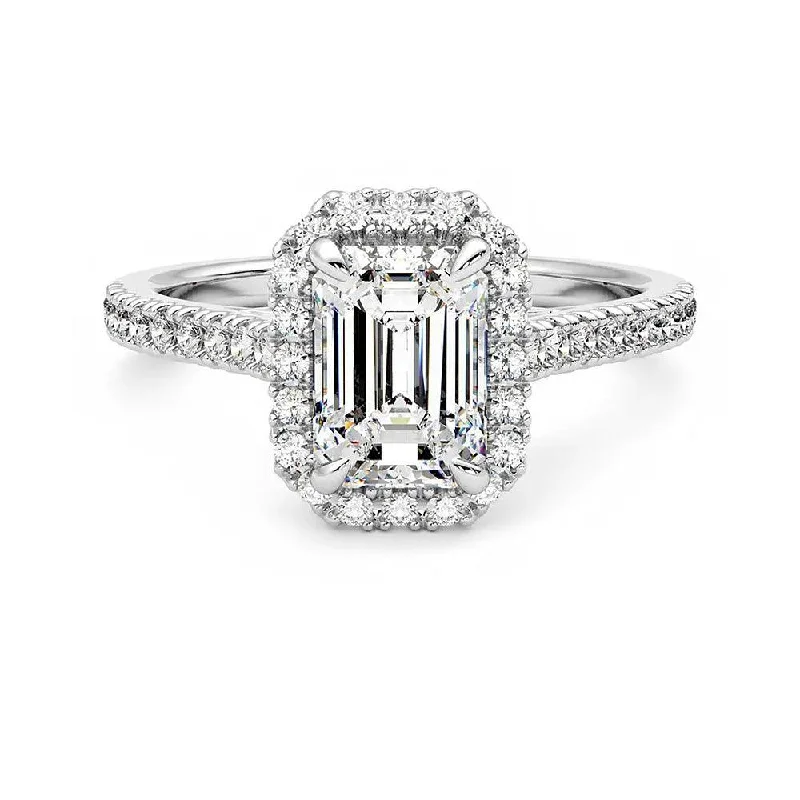 Emerald Cut Halo Moissanite Engagement Ring with Hidden Anniversary Stone Accent