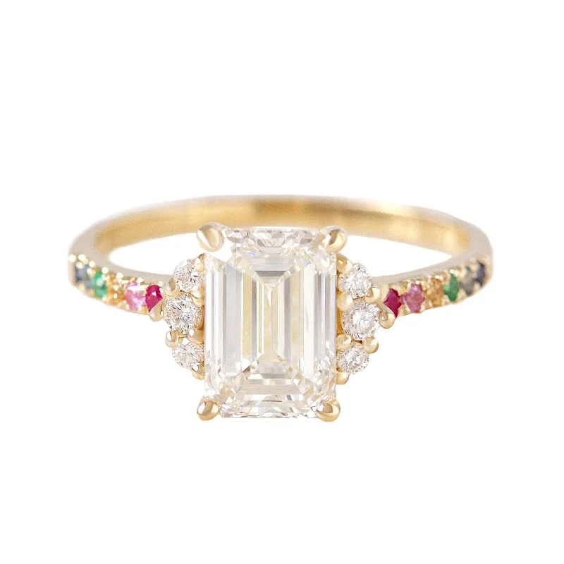 2CT Emerald Cut Diamond Rainbow Band Engagement Ring  - Parvati