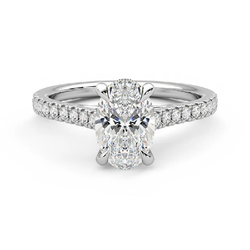 Oval Cut Moissanite Engagement Ring with Hidden Anniversary Stone and Pavé Accents