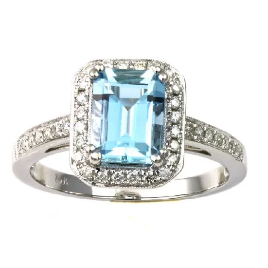 8X6MM Emerald Shape Aquamarine and Diamond Ring in 14KT White Gold