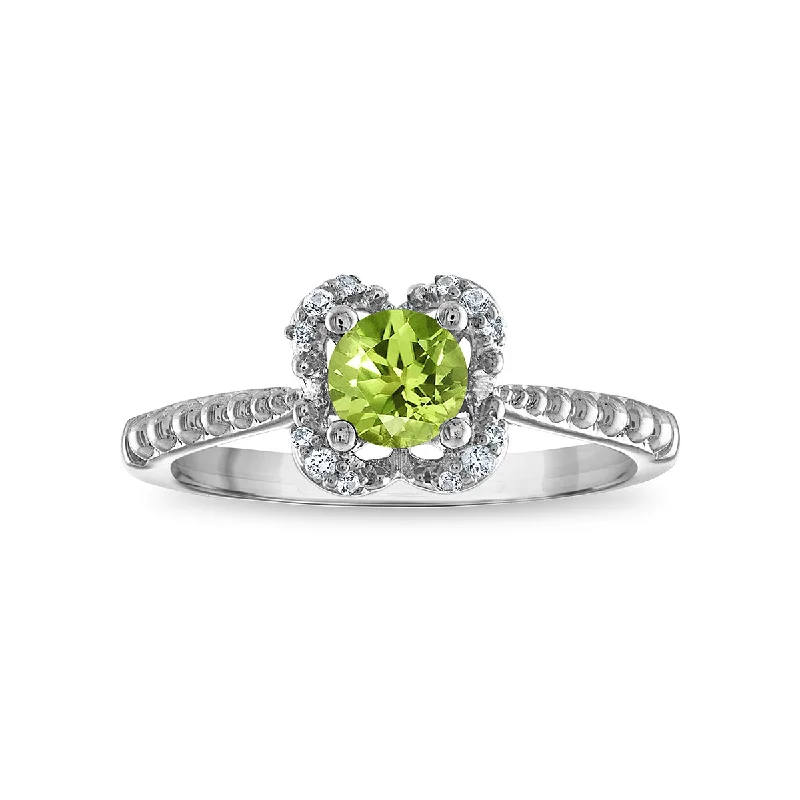 5MM Round Peridot and White Sapphire Birthstone Flower Halo Ring in Sterling Silver