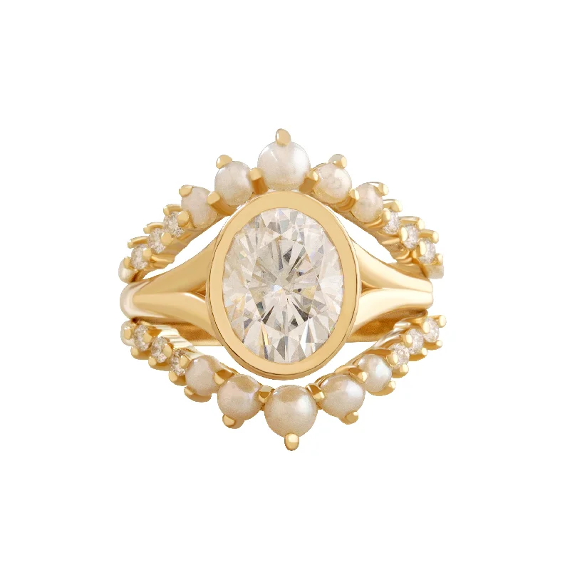 Oval Diamond Bezel Set, Modern Bold Gold, Hidden Halo Split Shank Urban Engagement Ring with Matching Pearls and Diamonds Ring Guard