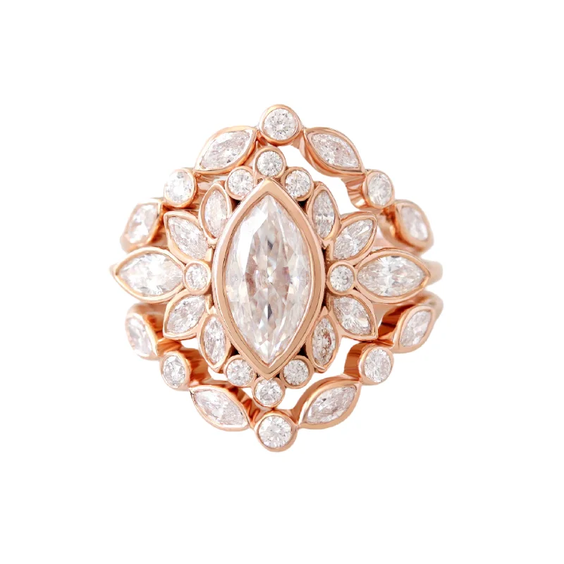 Marquise Bezel Set Engagement Ring Alicent with Matching Two Lily Emma Nesting Ring Rose Gold