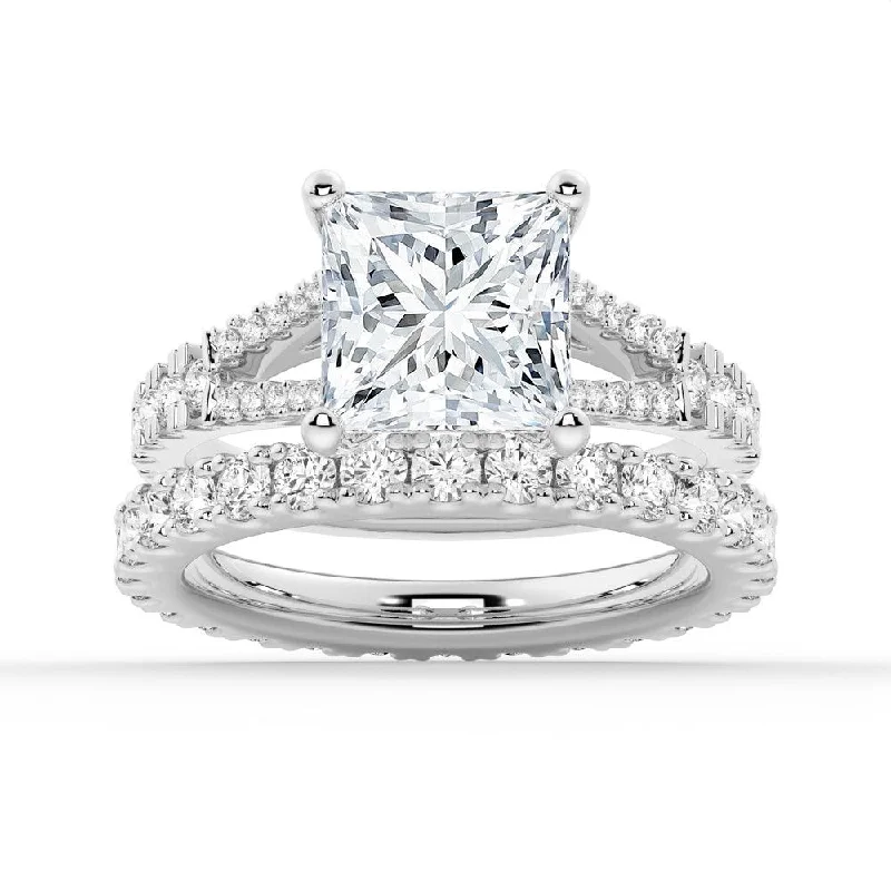 Princess Cut Split-Shank Moissanite Ring Set with Matching Wedding Band