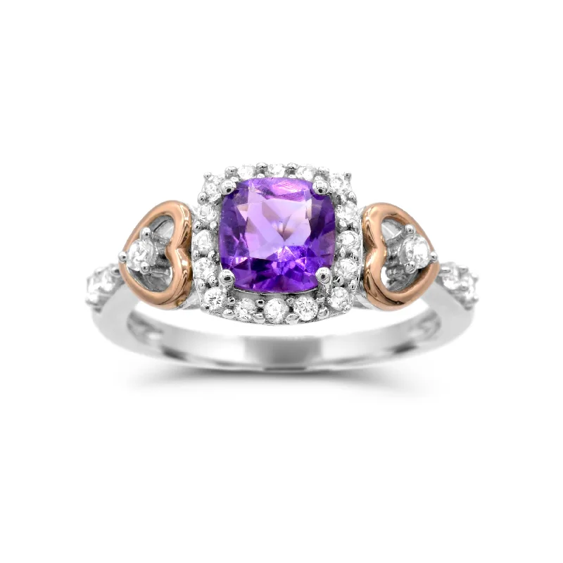 6MM Cushion Amethyst and White Sapphire Heart Eternal Romance Ring in Sterling Silver