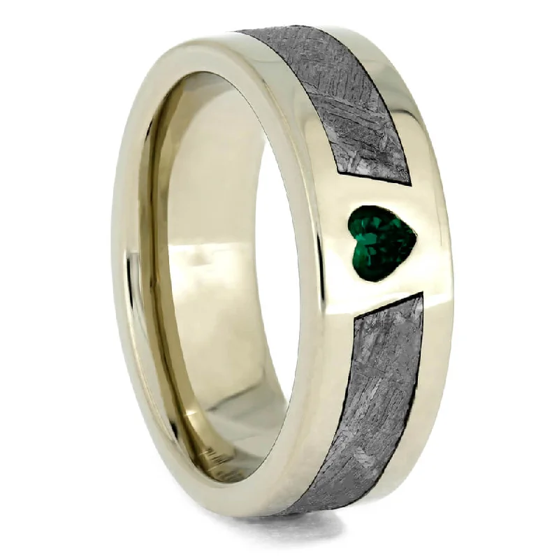 Emerald Heart White Gold Engagement Ring with Meteorite