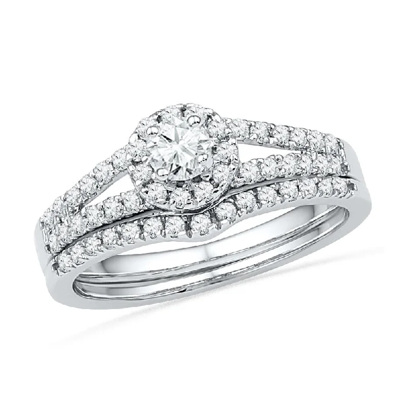 Split Shank Diamond Halo Engagement Ring & Band Set